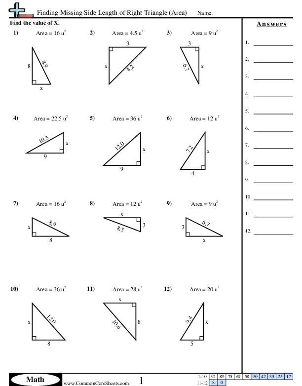 Finding Missing Side Length of Right Triangle (Area) Worksheet - Finding Missing Side Length of Rectangle with Decimals worksheet